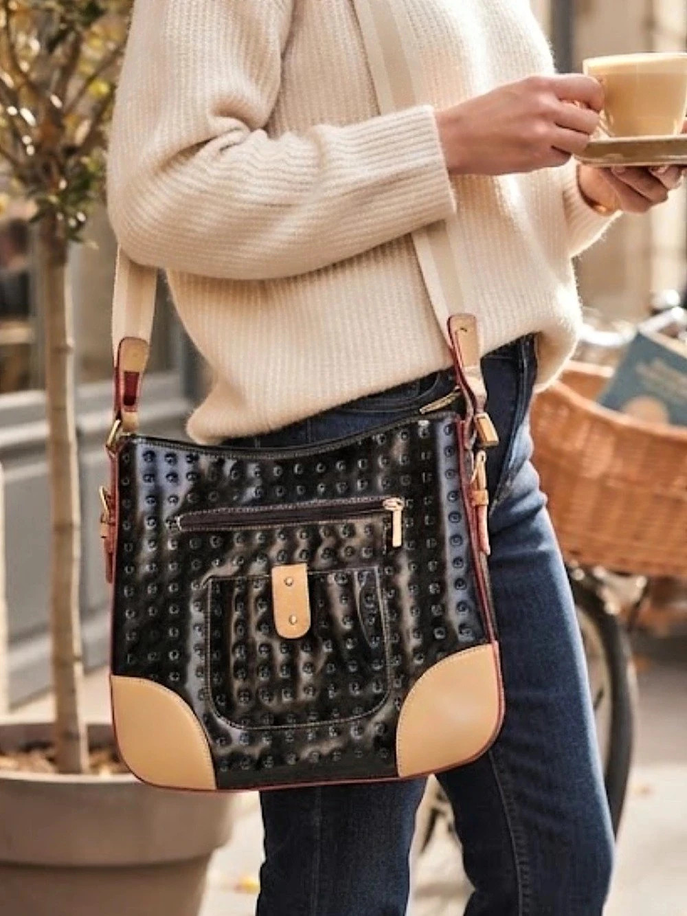 Arcadia Embossed Crossbody Bag in Black & Brown